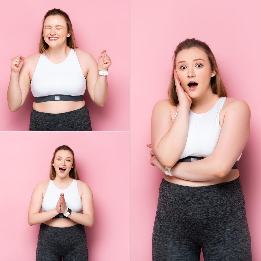 collage de chica con sobrepeso emocional mostrando el gesto ganador, sosteniendo las manos de oración y tocando la cara en rosa
 - Foto, imagen