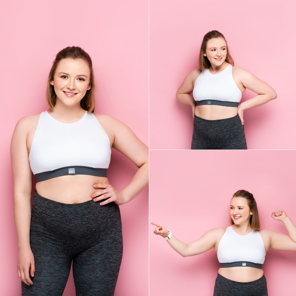 collage van glimlachend meisje met overgewicht staande met handen op heupen en wijzend met de vinger op roze - Foto, afbeelding