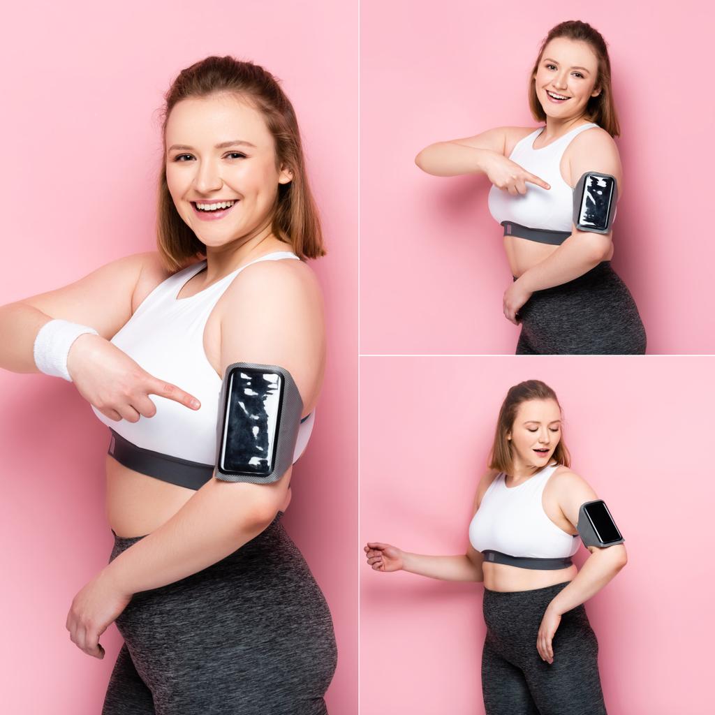 Collage eines fröhlichen übergewichtigen Mädchens, das mit dem Finger auf das Smartphone in der Armbinde auf rosa zeigt - Foto, Bild