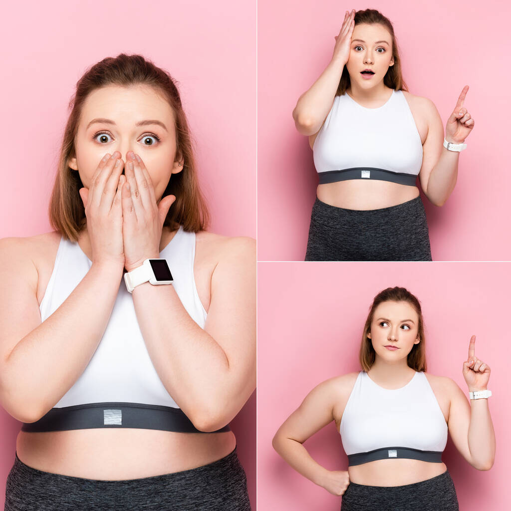 Collage eines schockierten übergewichtigen Mädchens, das den Mund bedeckt, mit dem Finger zeigt und Ideengeste auf rosa zeigt - Foto, Bild