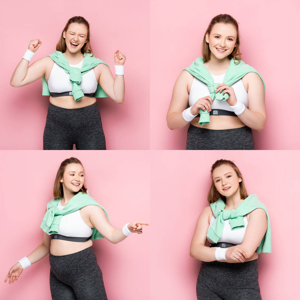 collage of positive overweight girl showing winner gesture, pointing with finger, and standing with crossed arms on pink - Photo, Image