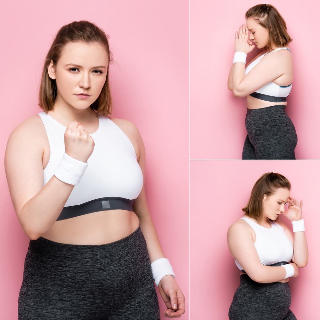 collage of serious overweight girl standing with praying hands, touching head and showing clenched fist on pink - Photo, Image