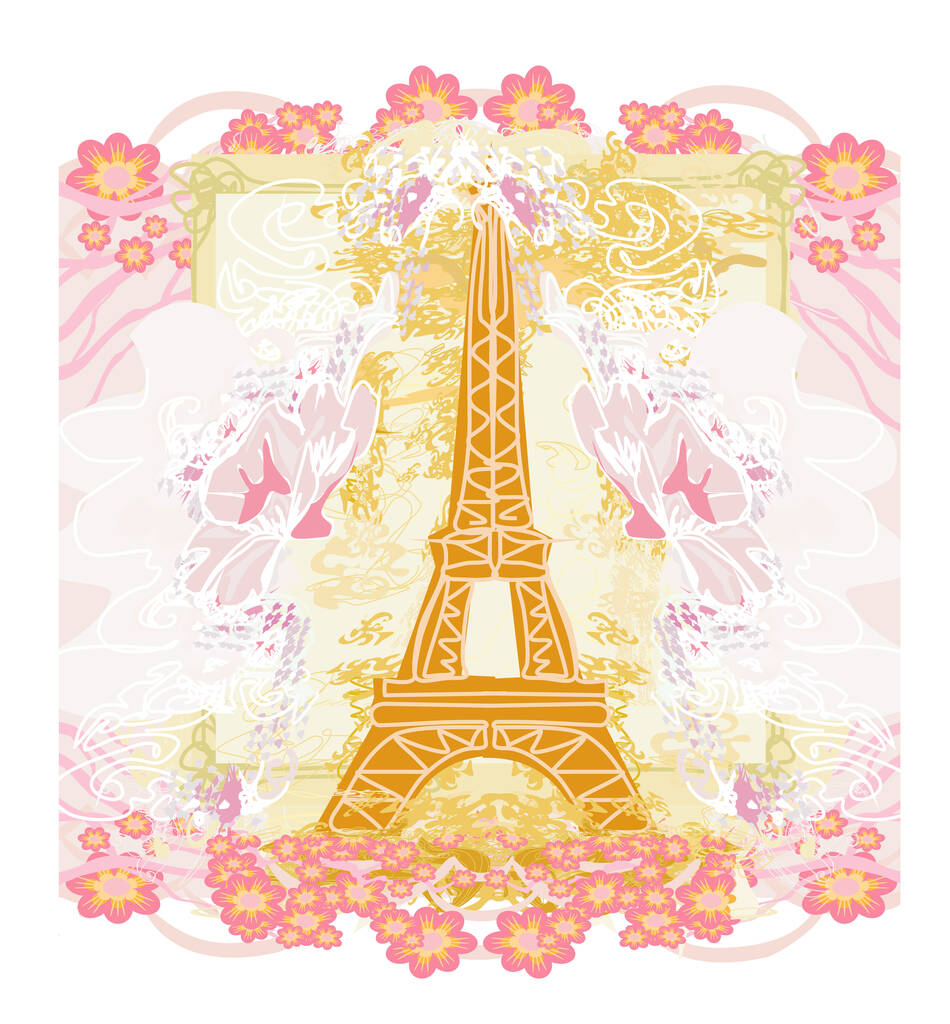 Πύργος του Άιφελ καλλιτεχνική κάρτα, διακοσμητικό πλαίσιο λουλουδιών - Διάνυσμα, εικόνα