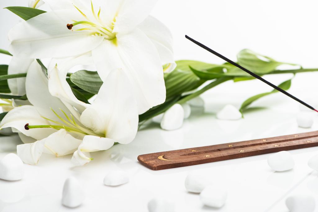 aroma hůl na dřevěném stojanu v blízkosti lilií na bílém pozadí - Fotografie, Obrázek