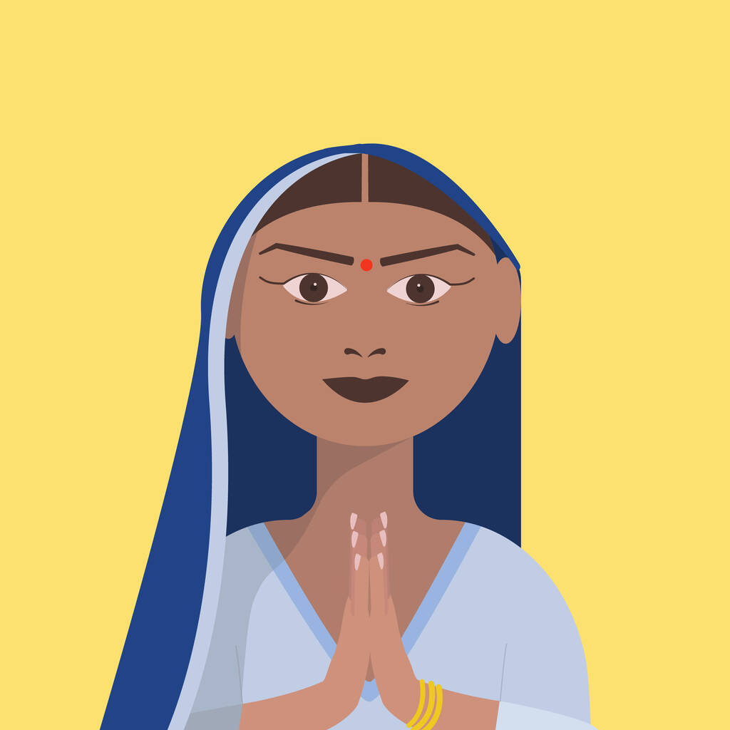 Uma mulher indiana num Sari azul com um talaq na testa. Ilustração vetorial de uma mulher indiana com as mãos dobradas em saudação
. - Vetor, Imagem