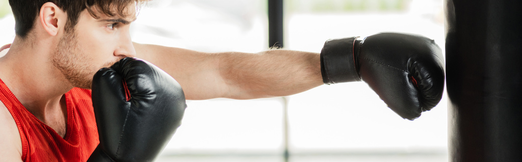 οριζόντια έννοια του αθλητικού αθλητή σε γάντια πυγμαχίας εργάζονται έξω με σάκο διάτρησης  - Φωτογραφία, εικόνα