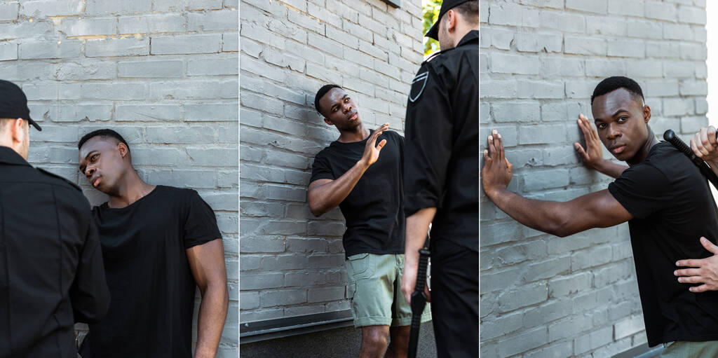 kollázs aggódó afro-amerikai férfi néz rendőr és közel áll téglafal, rasszizmus koncepció  - Fotó, kép