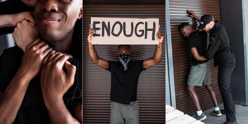 collage di poliziotti che soffocano e arrestano l'uomo afroamericano, cartello con abbastanza scritte come protesta, concetto di razzismo  - Foto, immagini