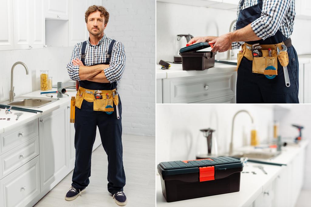 Collage eines gut aussehenden Klempners, der in die Kamera blickt und die Werkzeugkiste in der Küche öffnet  - Foto, Bild