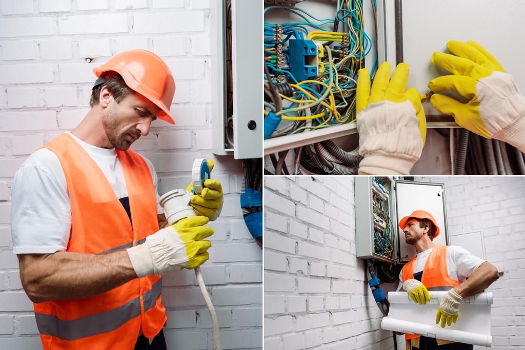 Collage of handsome electrician holding blueprint and fixing wiring near electrical distribution box - Photo, Image