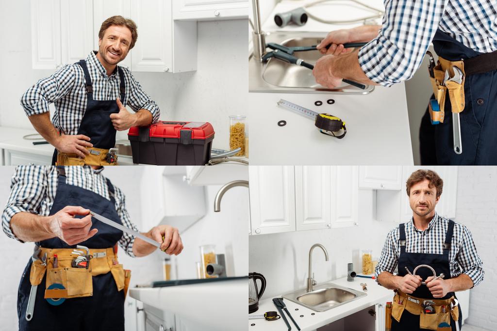 Koláž dělníka v upevňovacím kohoutku a ukazující palec v kuchyni  - Fotografie, Obrázek