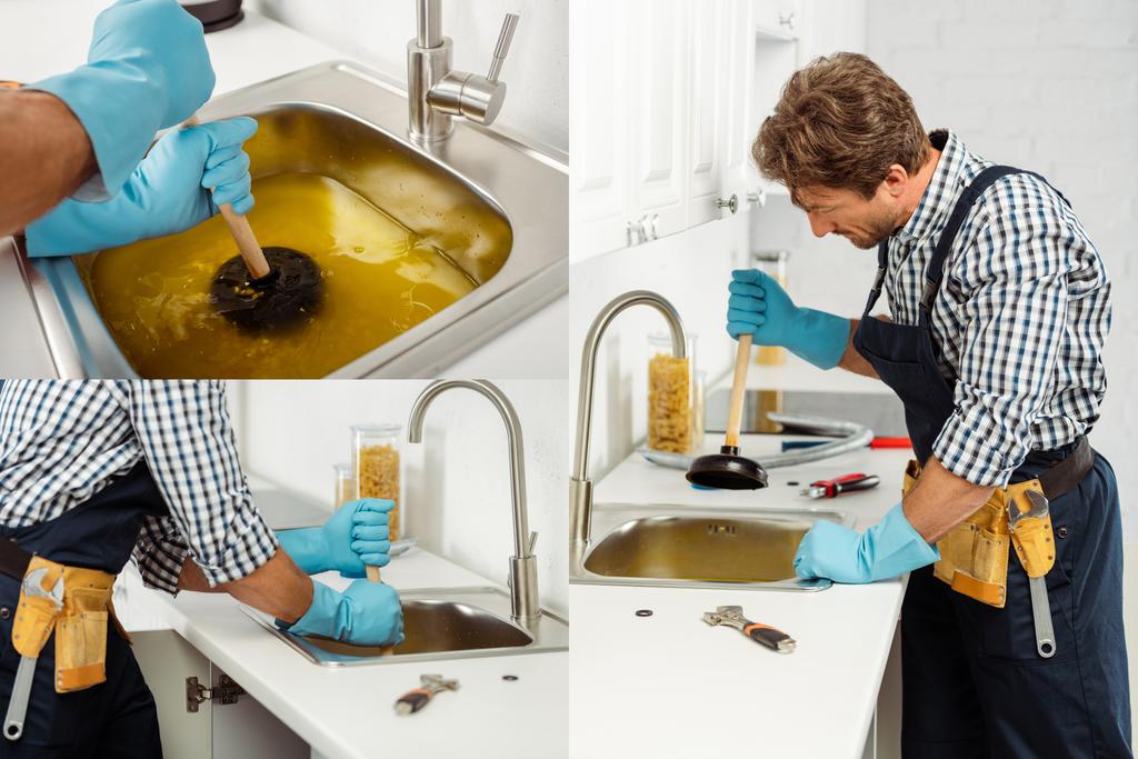 Collage von hübschen Klempner putzt Küche Spüle mit Kolben - Foto, Bild