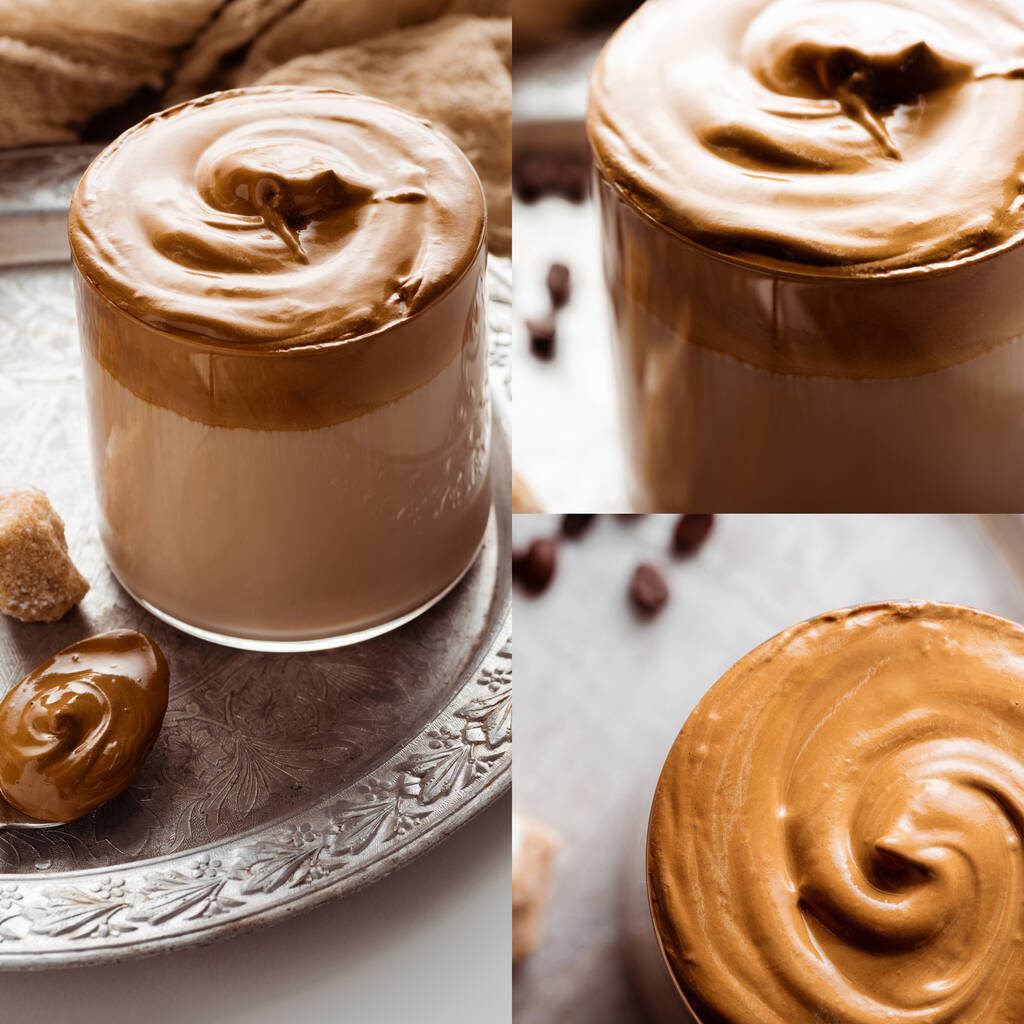 collage de delicioso café Dalgona en vidrio cerca de granos de café y azúcar granulada marrón sobre fondo blanco
 - Foto, Imagen