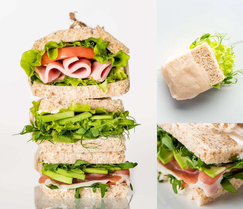 колаж свіжих зелених бутербродів з овочами та м'ясом на мармуровій білій поверхні
 - Фото, зображення
