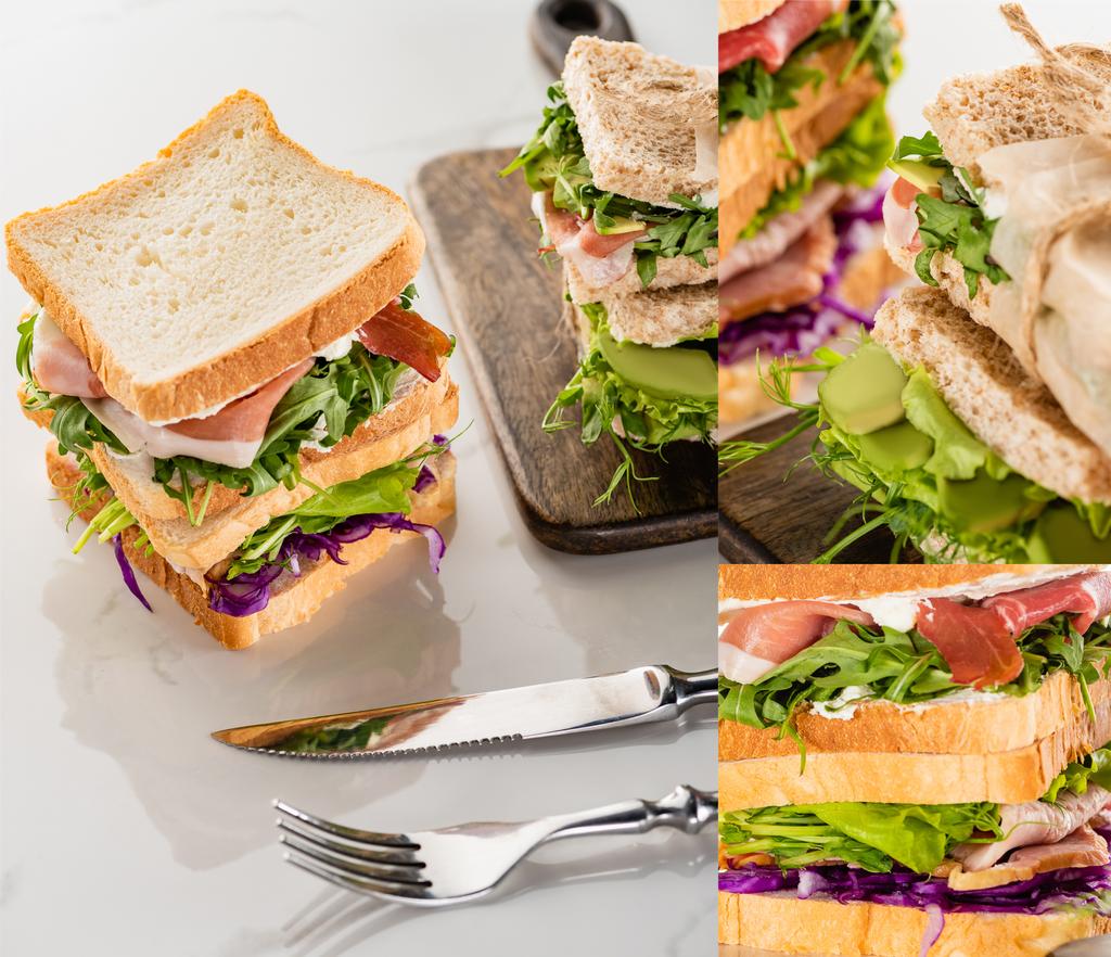 collage of fresh green delicious sandwiches with meat on wooden cutting board near cutlery on marble white surface - Photo, Image