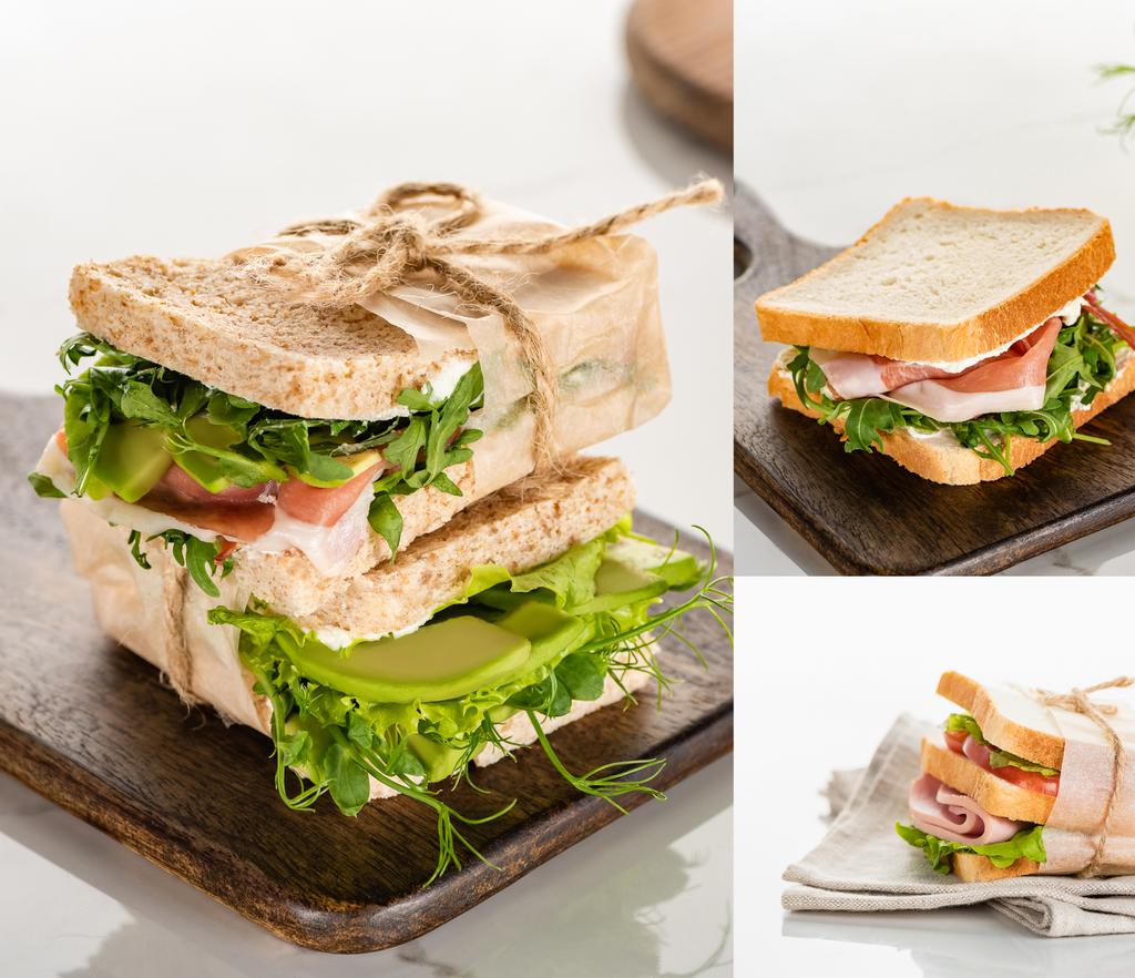 collage of fresh green sandwiches with meat on wooden cutting board on marble white surface - Photo, Image