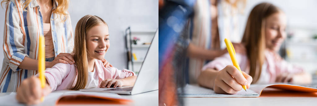 Evde online eğitim sırasında gülümseyen çocuğu kucaklayan anne kolajı  - Fotoğraf, Görsel