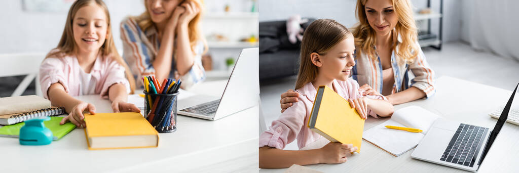 Collage einer lächelnden Frau, die neben ihrer Tochter sitzt und Buch während des elektronischen Lernens zu Hause hält  - Foto, Bild