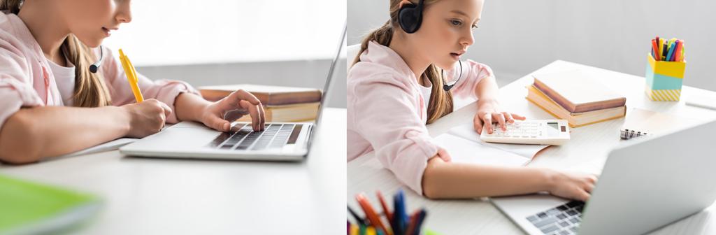 Kolaż pisania dzieci na notebooku i korzystanie z zestawu słuchawkowego z laptopem przy stole  - Zdjęcie, obraz