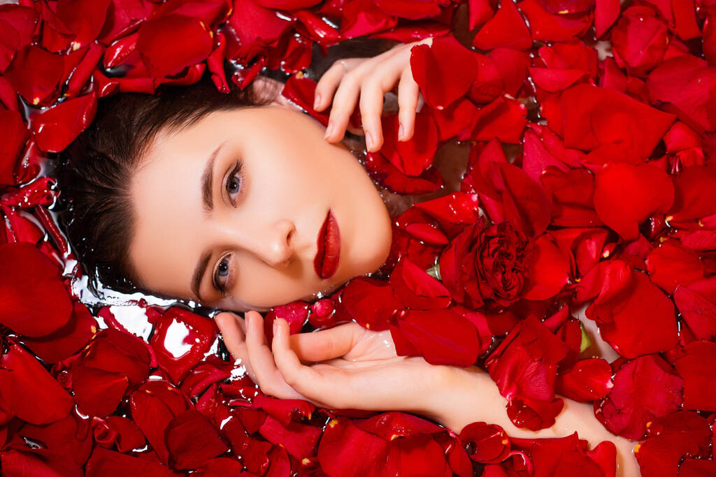 Portrait de beauté, jeune femme dans un bain aux pétales de rose rouge, vue de dessus, modèle à peau propre, retouche. Concept de soins de la peau. - Photo, image