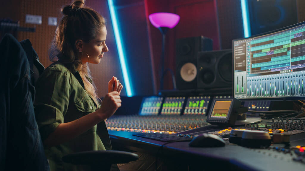 Elegante ingegnere audio femminile che lavora nello studio di registrazione musicale, utilizza mixer, software per creare suoni moderni. Artista creativo ragazza Musicista che lavora sul banco di controllo per produrre nuova canzone. - Foto, immagini