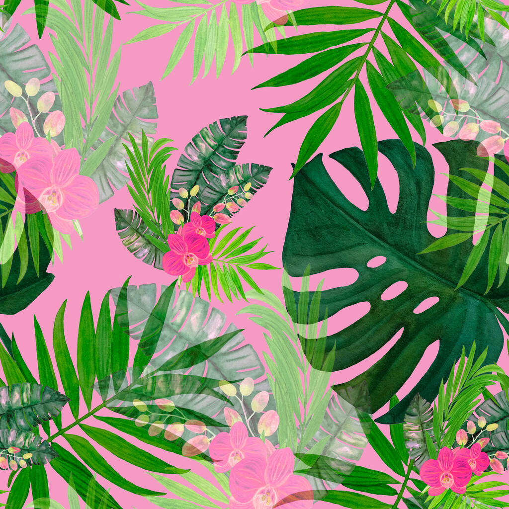 Padrão sem costura decorativo com aquarela folhas tropicais e flores de orquídeas. Ilustração colorida desenhada à mão. Verão havaiano impressão exótica
. - Foto, Imagem