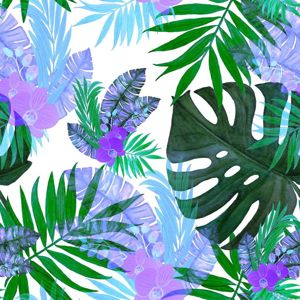 Decoratieve naadloze patroon met aquarel tropische bladeren en orchidee bloemen. Kleurrijke hand getekend illustratie. Hawaïaanse zomer exotische print. - Foto, afbeelding