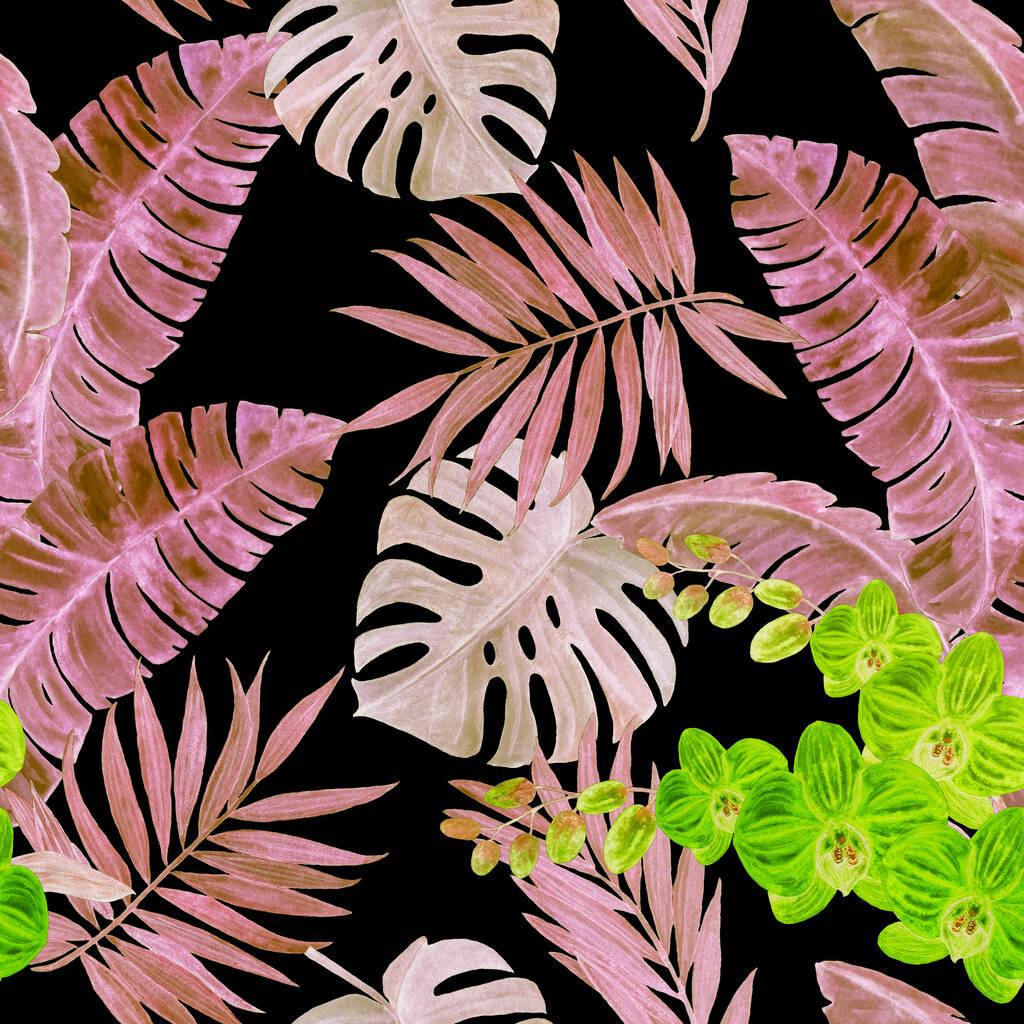 Abstract decorative seamless pattern with watercolor tropical leaves and orchid flowers on black. Colorful hand drawn illustration. Hawaiian summer exotic print. - Photo, Image