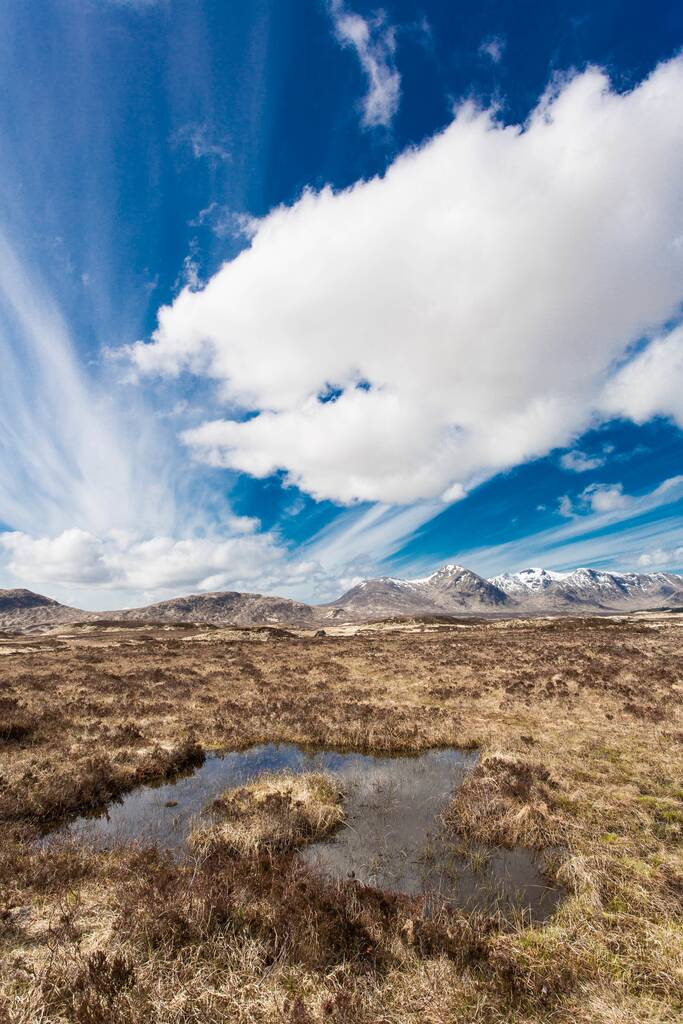 Вертикальний знімок болота з високими горами і хмарне блакитне небо на задньому плані
 - Фото, зображення