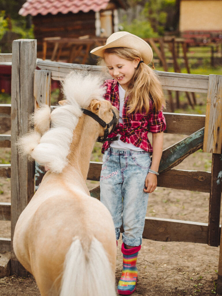 μικρό ξανθό κορίτσι μαλλιά σε καουμπόικο καπέλο και μπότες ροζ καρό πουκάμισο με πόνυ μικρό άλογο - Φωτογραφία, εικόνα