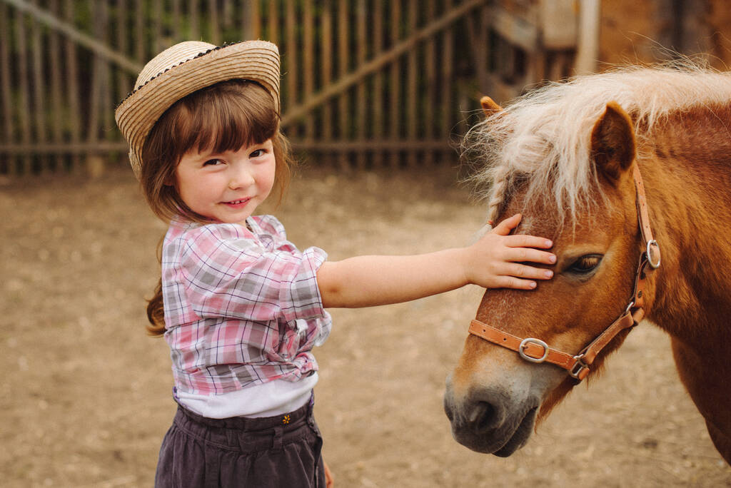 little happy beautiful girl with brown hair in cowboy hat and boots in pink plaid shirt with beige pony little horse - Photo, Image