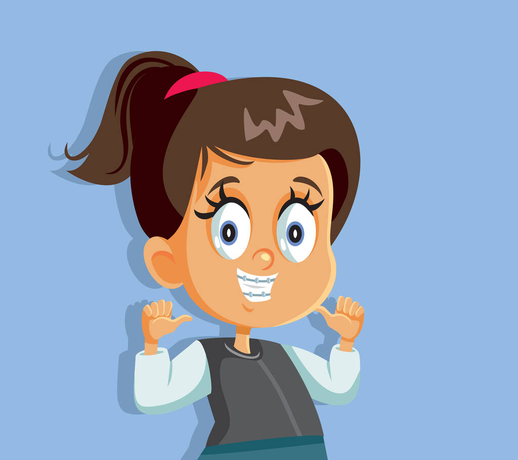 jong cartoon meisje glimlachen dragen beugels - Vector, afbeelding