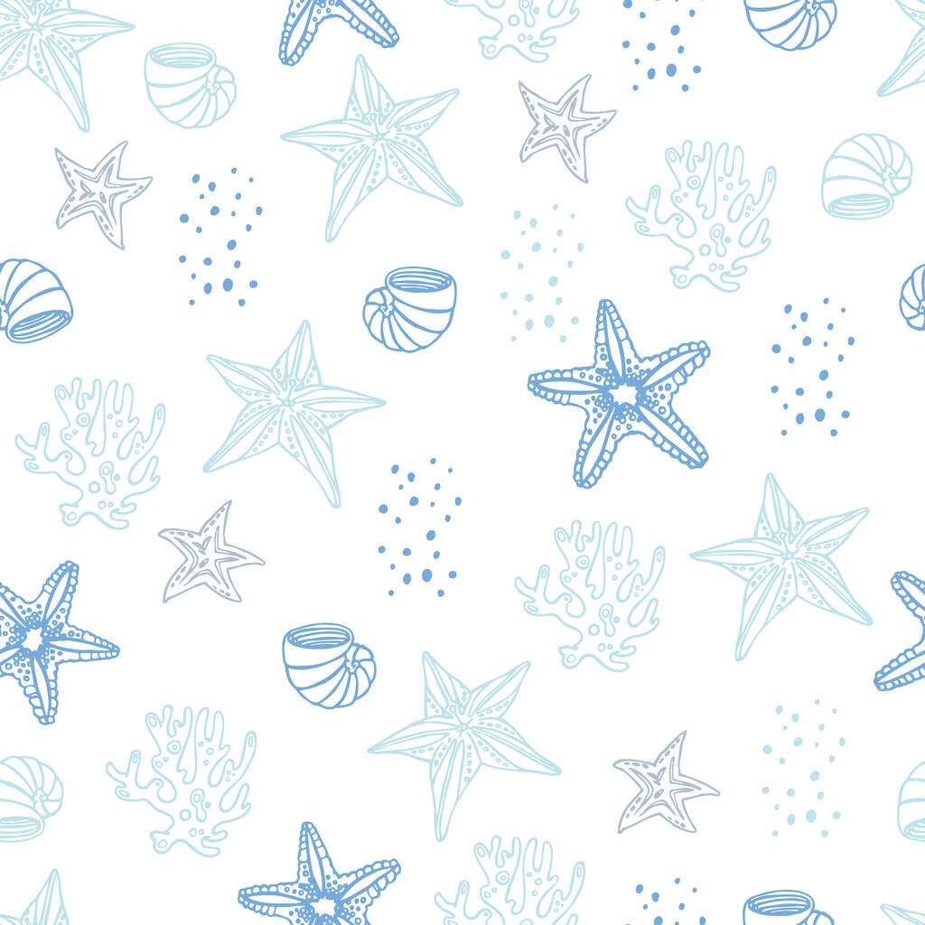 Seamless marine reef pattern with seashells, coral, and starfish. For fabric, textile, linens, invitations, prints. Hand drawn vector background.  - Vector, Image