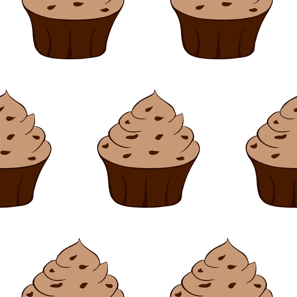 Cupcakes de chocolate saborosos isolados no fundo branco. Doce sobremesa sem costura padrão. Ilustração vetorial
 - Vetor, Imagem