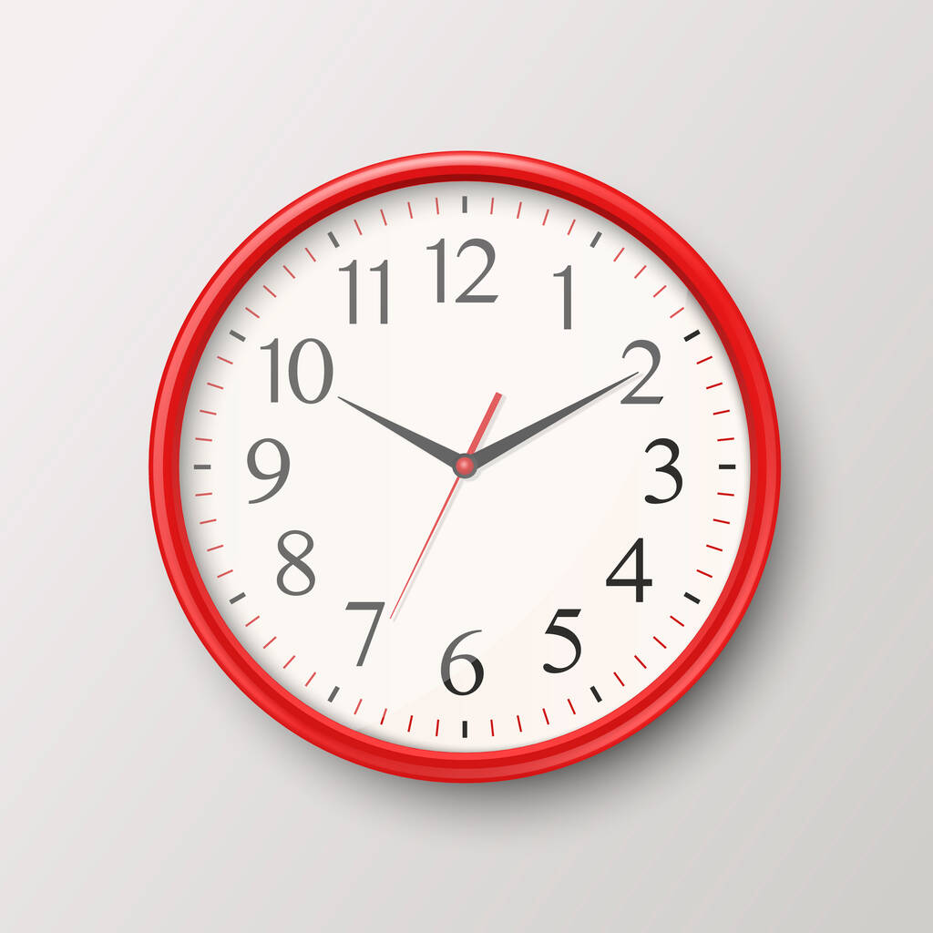 Vecteur 3d réaliste simple rond rouge Horloge de bureau avec cadran blanc Icône Fermer isolé sur fond blanc. Modèle de conception, Maquette pour Branding, Publicité. Vue avant ou supérieure - Vecteur, image