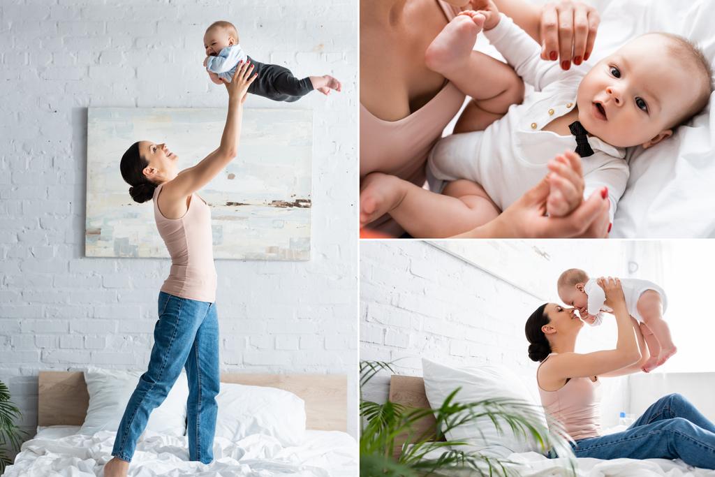 collage of mother in jeans holding in arms cute infant baby in bedroom  - Photo, Image
