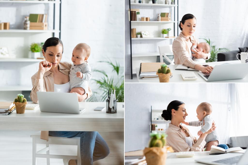 collage of mother working from home and holding in arms cute baby boy  - Photo, Image