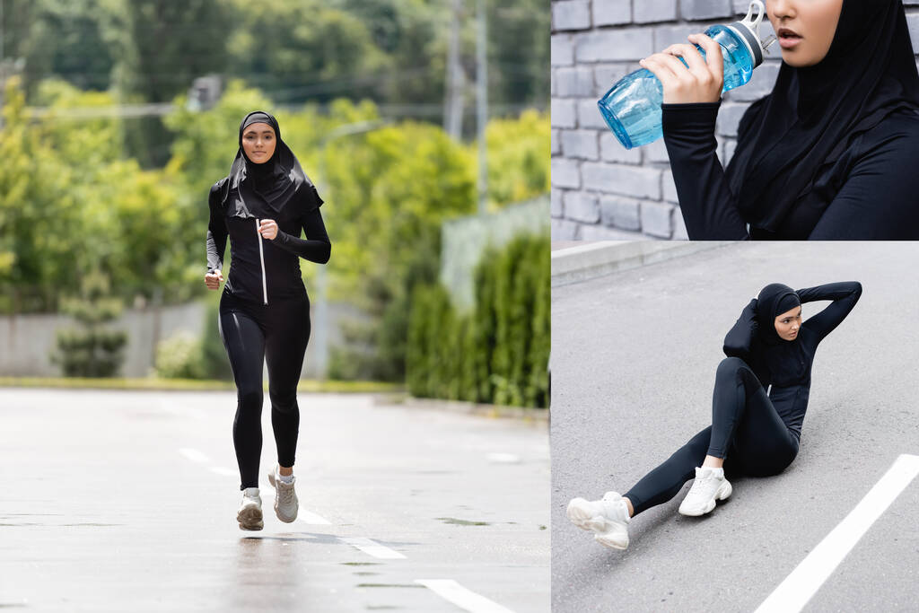 Collage einer jungen muslimischen Sportlerin im Hijab, die eine Sportflasche mit Wasser in der Hand hält, draußen joggt und trainiert  - Foto, Bild
