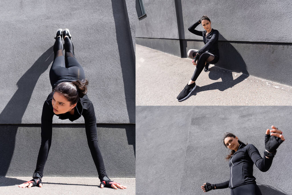collage of young sportswoman exercising and smiling near concrete wall  - Photo, Image