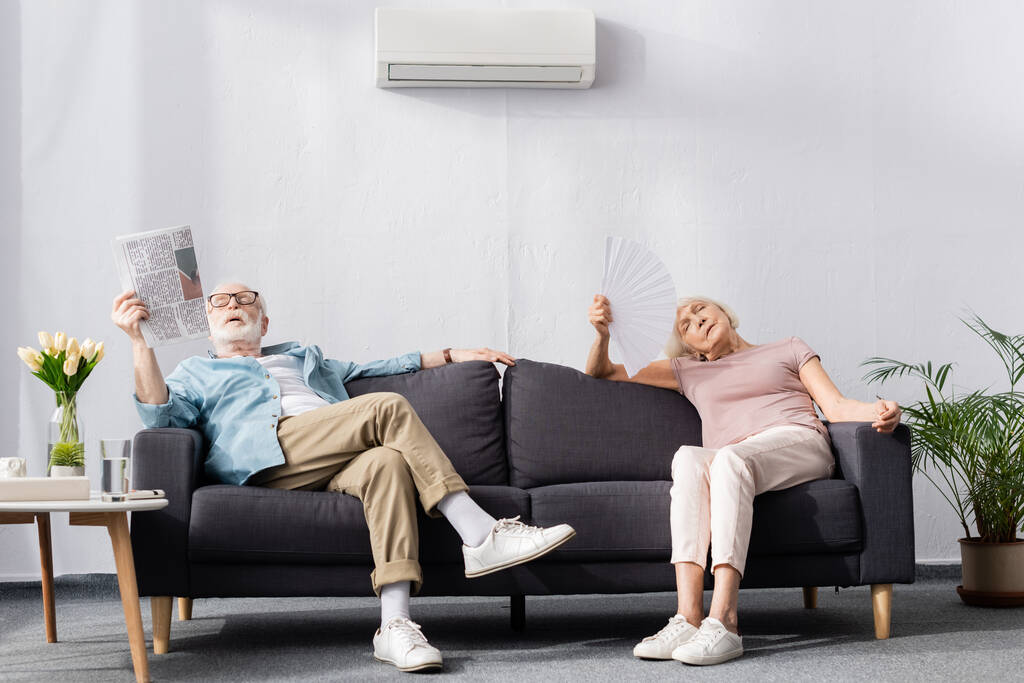 Elderly couple sitting on couch with fan and newspaper while feeling hot  - Photo, Image