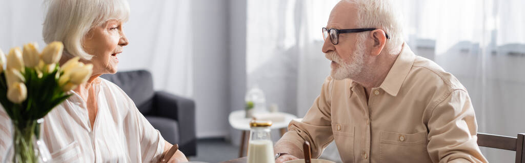 Panoráma felvétel idős pár beszél otthon  - Fotó, kép