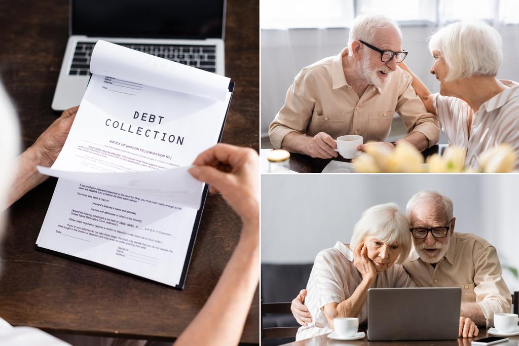 Колаж старшої пари, що використовує ноутбук, п'є каву і жінку, що тримає папери з випискою боргу вдома
 - Фото, зображення