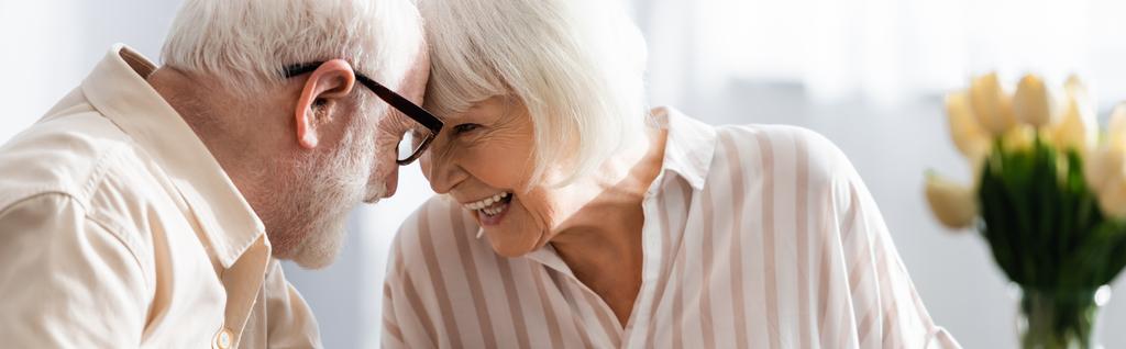 Coltivazione panoramica di coppie anziane positive che si guardano a casa  - Foto, immagini
