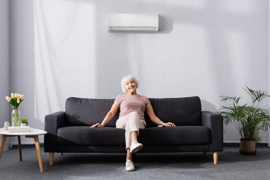 Mosolygó idős nő nézi a kamerát, miközben ül közelében távirányító légkondicionáló kanapén  - Fotó, kép