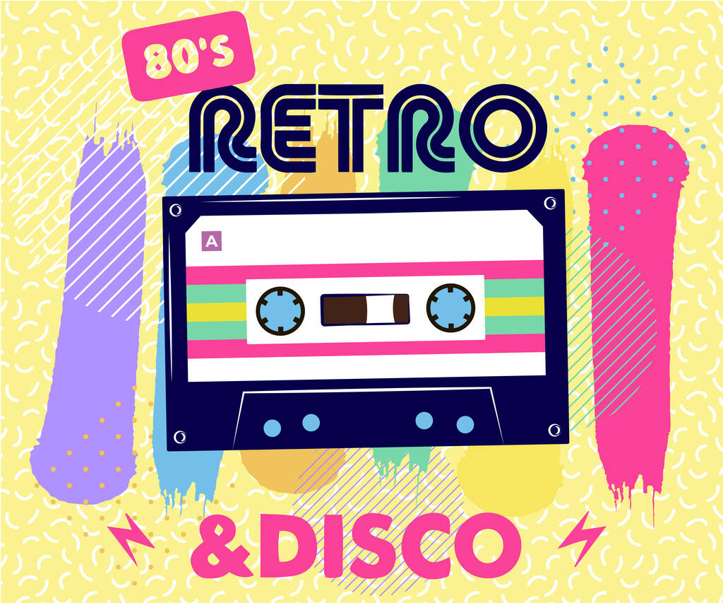 Retrobilejuliste. 90-luvun musiikkia, vanhanaikaista kasettia ja 90-luvun tyyliä. kutsukortti tanssi osapuoli aika mainos juliste taustakuva, Vektori kuvitus trendikäs 80-90-luvun tyyliin - Vektori, kuva