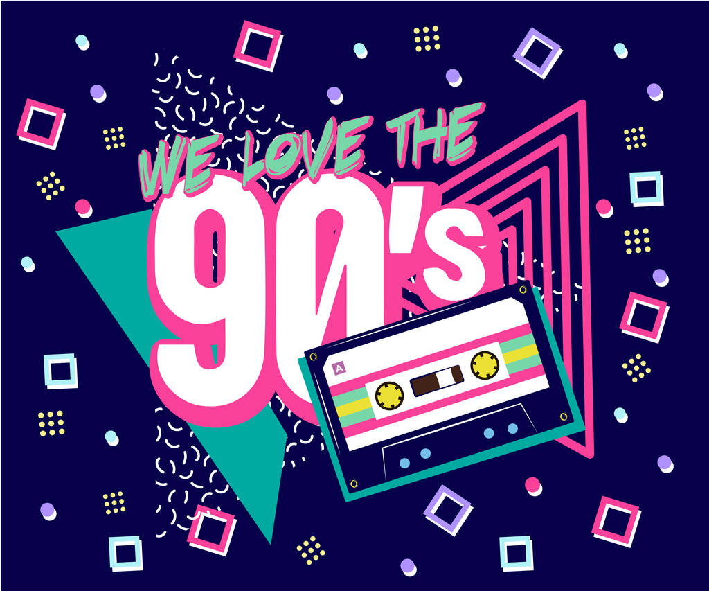Retro párty plakát. Hudba devadesátých let, starodávná kazeta a styl devadesátých let. pozvánka taneční party čas reklama plakát pozadí ilustrace, Vektor ilustrace v módní 80-90s stylu - Vektor, obrázek