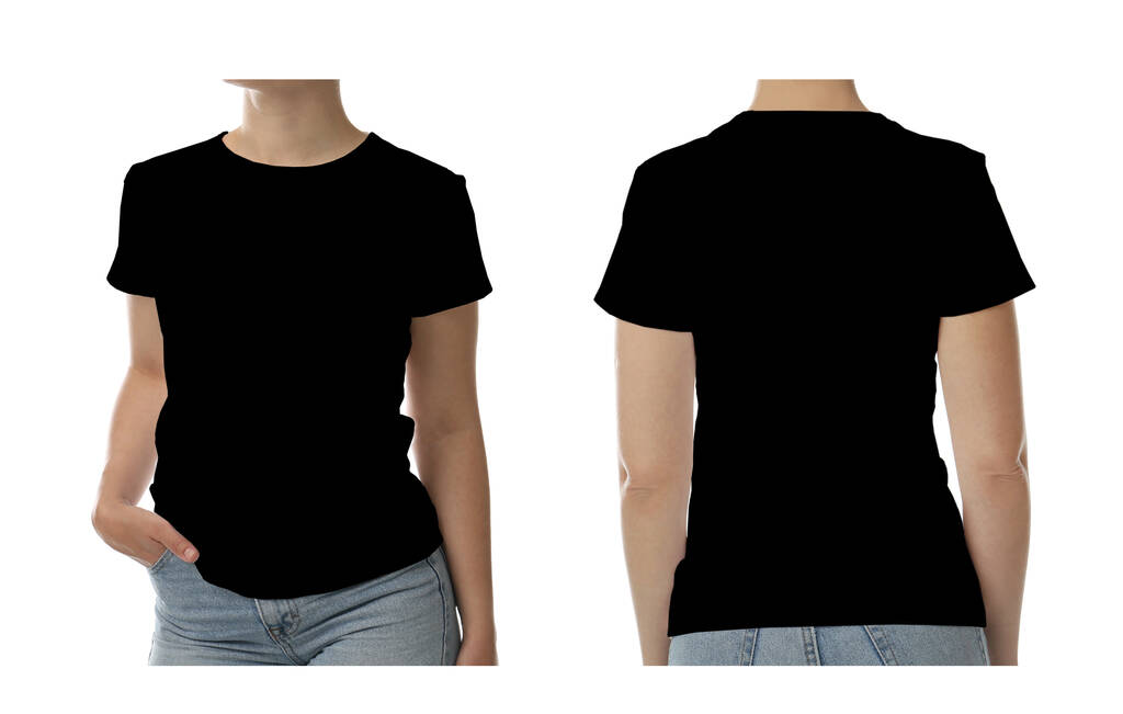 Kobieta w czarnej koszulce na białym tle, zbliżenie - Zdjęcie, obraz