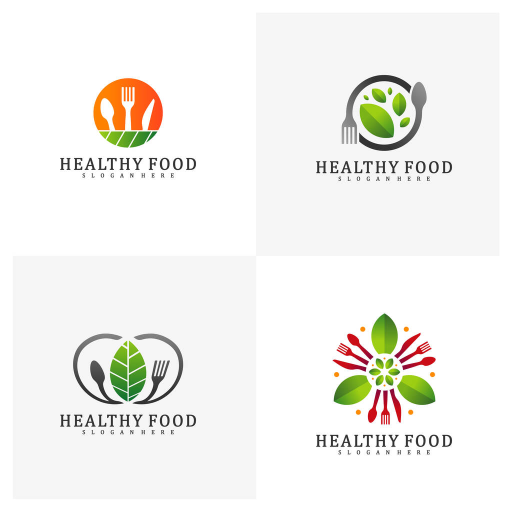 健康食品のロゴデザインテンプレートのセット,葉のロゴデザインコンセプトベクトルと食品,アイコンシンボル - ベクター画像