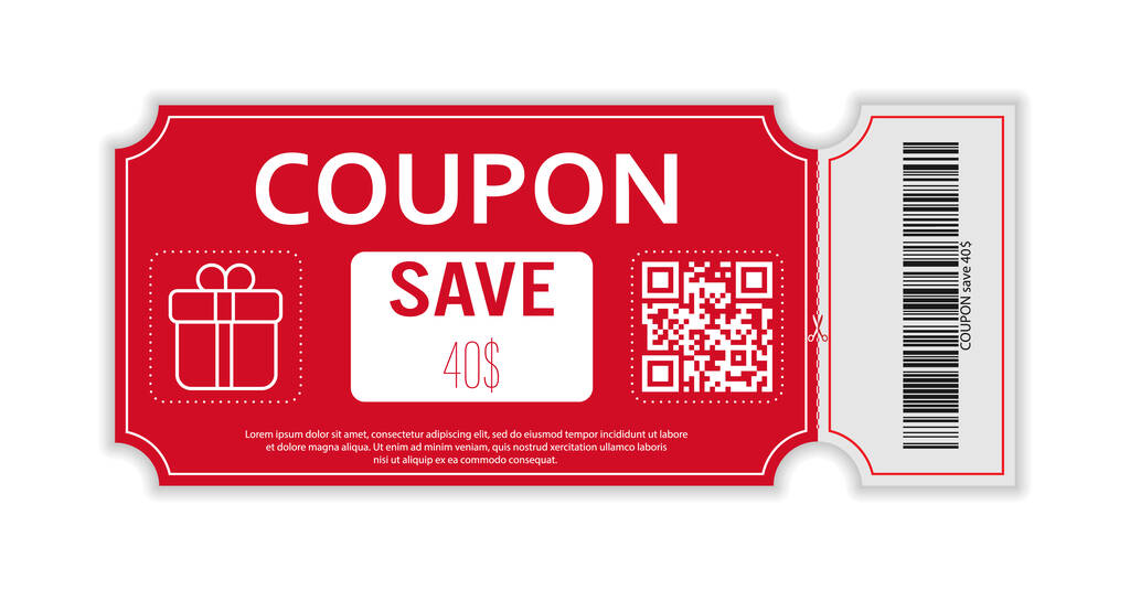Coupon with real barcode and QR code for 40 percent off sale for stores, trade and business. Simple design - Vector, Image