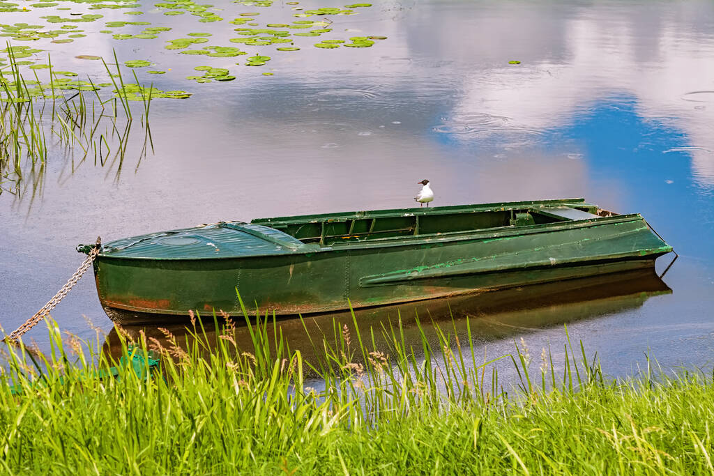 Régi fém evezős csónak horgonyzott a tavon  - Fotó, kép